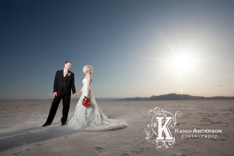 Bride and Groom photo taken out on the Bonneville Salt Flat in Wendover Utah