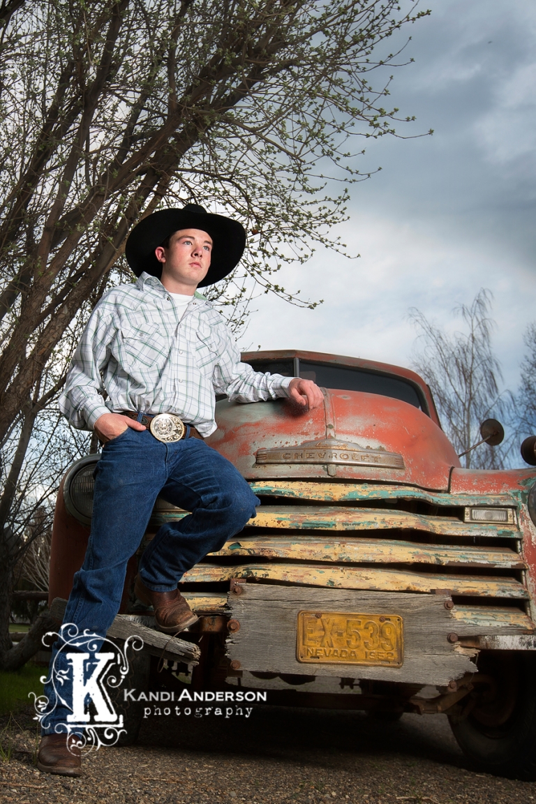 High School senior session with tuxedo and old truck
