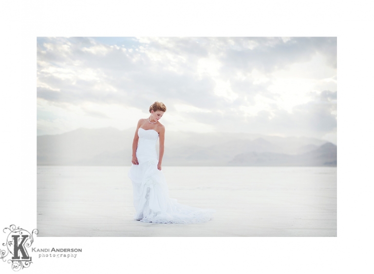 waiting for her husband at the first look photo session at the Bonnieville Salt Flats in West Wedover UT