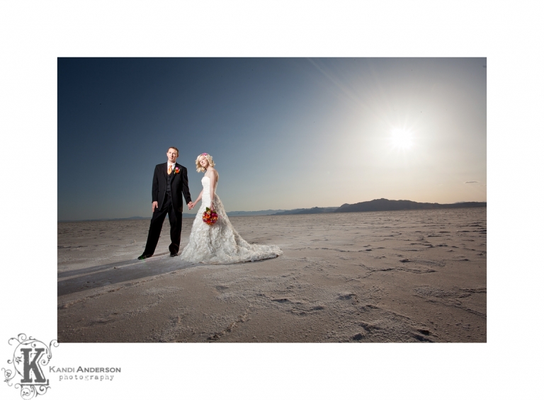 Bonnieville Salt flats photo session with gorgeous young couple orange and pink wedding colors