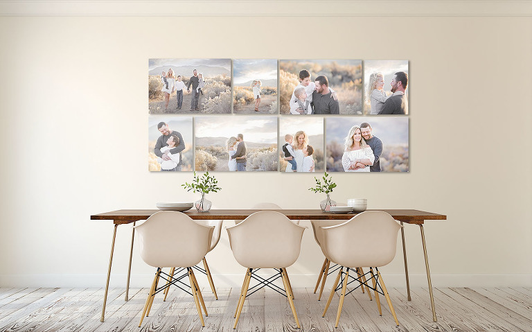 Wall display of art in dining room